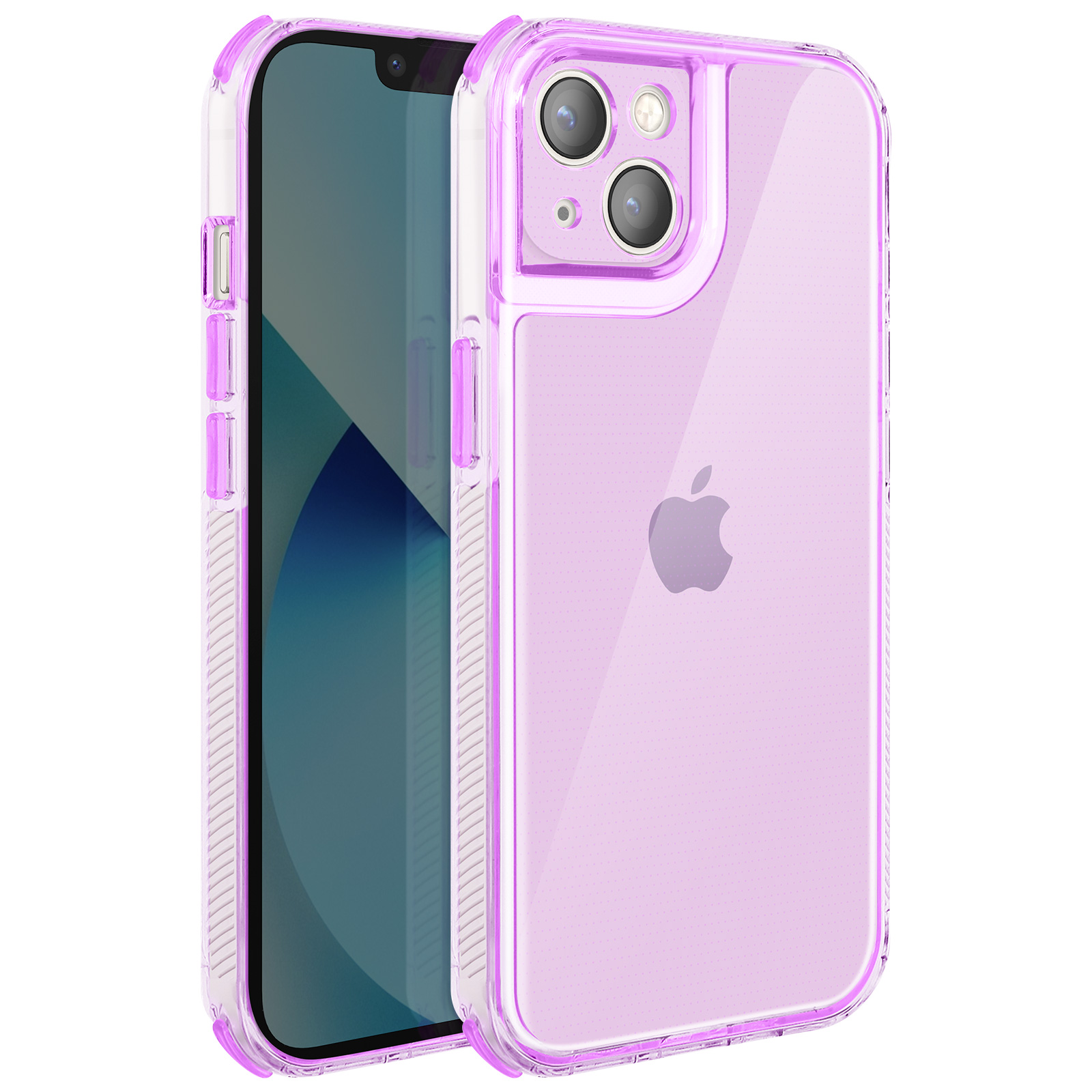 Due smartphone in custodie protettive. Uno mostra lo schermo. Le custodie sono trasparenti con dettagli viola.