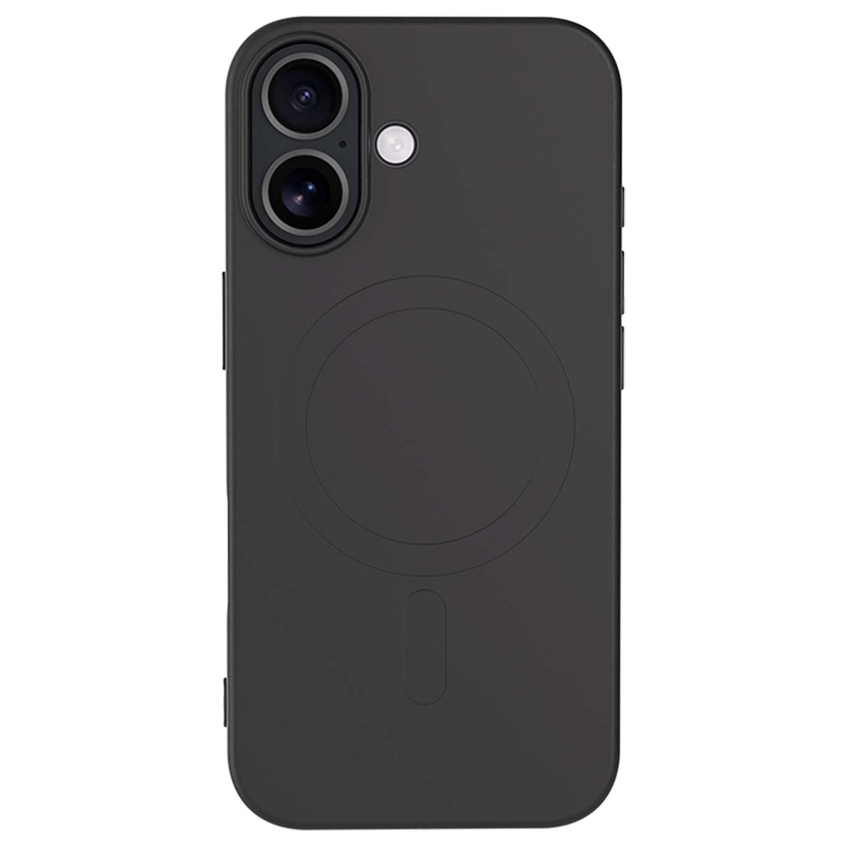 Custodia per telefono nera con ritagli per fotocamera e design MagSafe circolare, con una striscia verticale centrata.