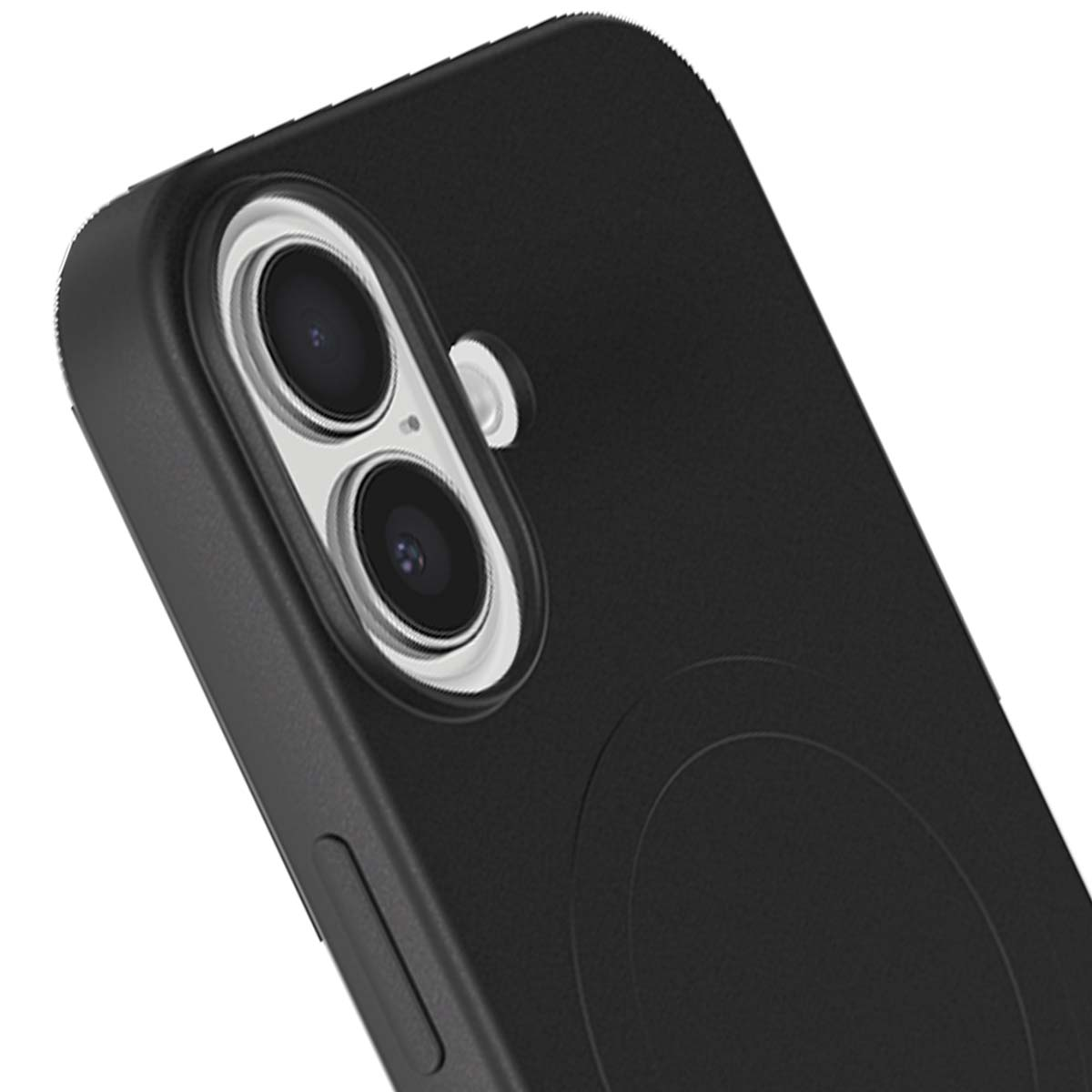Primo piano di una custodia per telefono nera con lenti della fotocamera. Le lenti sono bordate d'argento. Un design circolare è visibile sul retro.