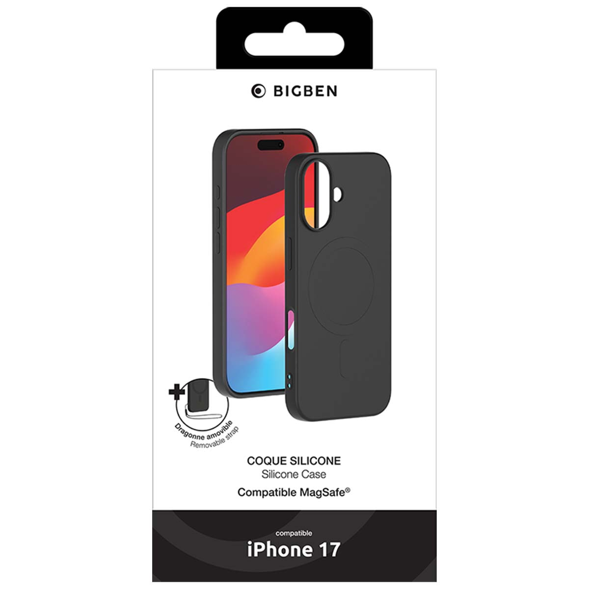 Una scatola di custodia per telefono con un'immagine del telefono, una custodia nera e il testo 'iPhone 17'. Il marchio 'BIGBEN' è visibile in alto.