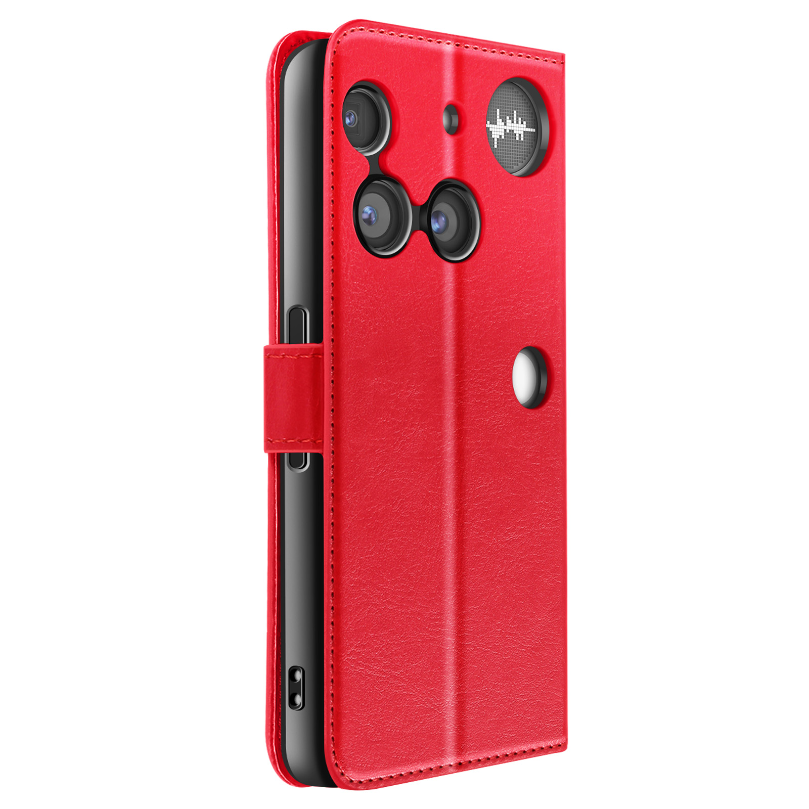 Eine rote Handyhülle mit einem Telefon darin. Die Hülle hat mehrere Kameraausschnitte.