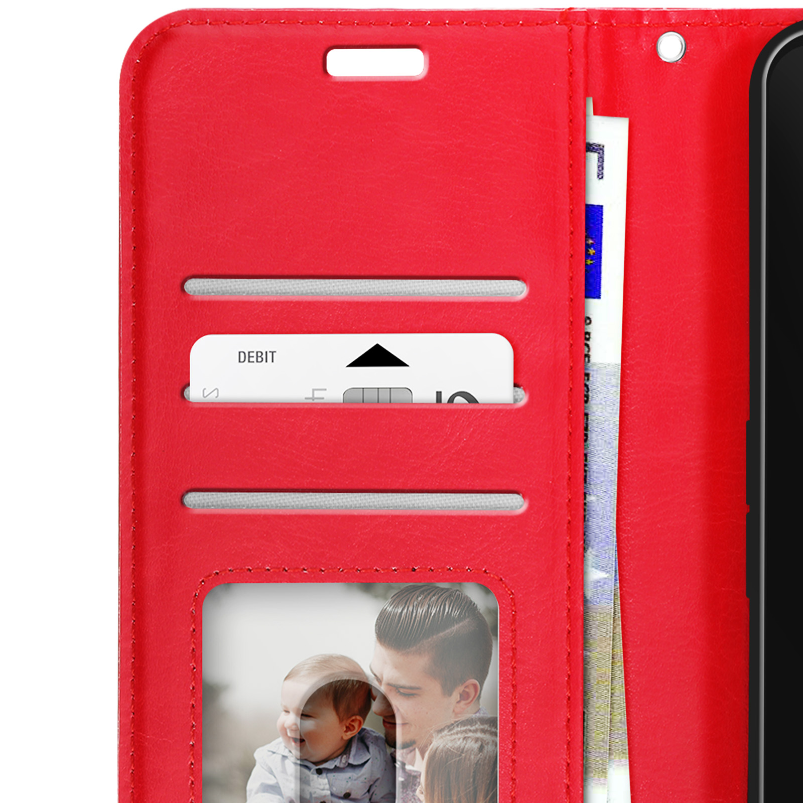 Rote Handyhülle mit Debitkarte, Geld und einem Foto eines Babys und eines Mannes. Schwarze Telefonkontur rechts.