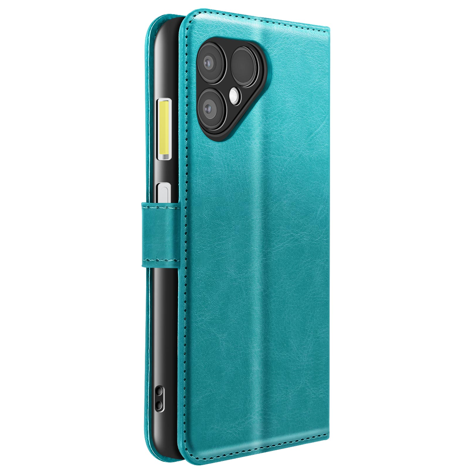 Een teal telefoonhoesje, met een telefoon erin. De hoes heeft een camera-uitsparing en een magnetische sluiting.