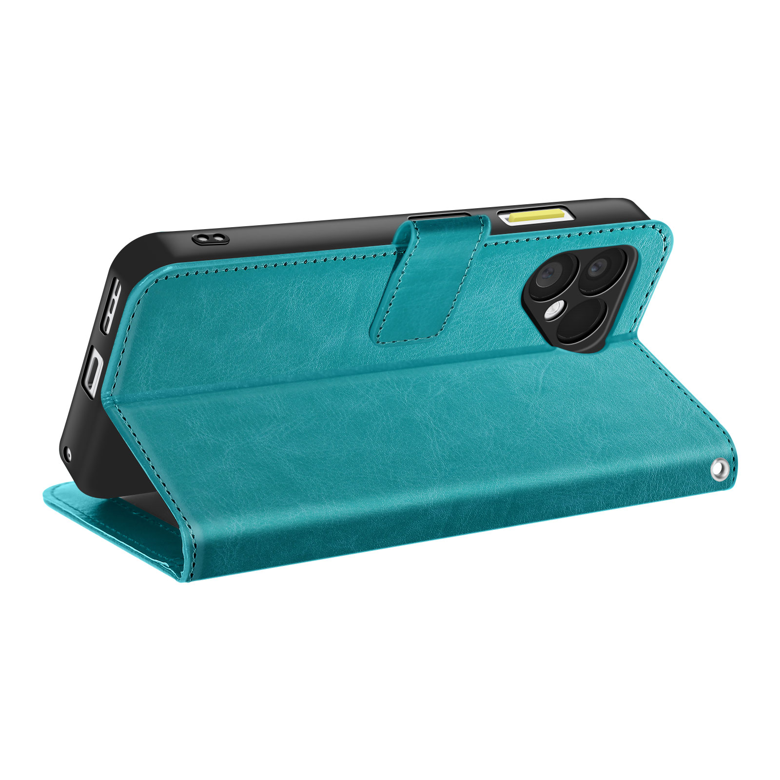 Een zeegroene telefoonhoes, open, met een zwarte telefoon. De hoes is leerachtig met stiksels en een magnetische sluiting.