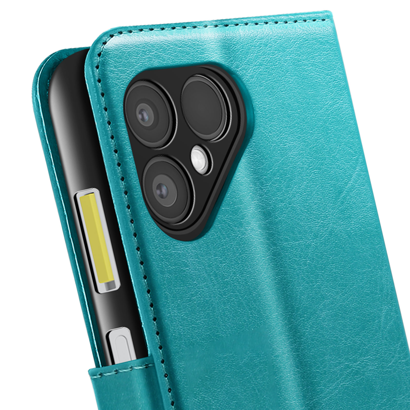 Turquoise telefoonhoes met drievoudige cameralenzen. Een telefoon is gedeeltelijk zichtbaar.