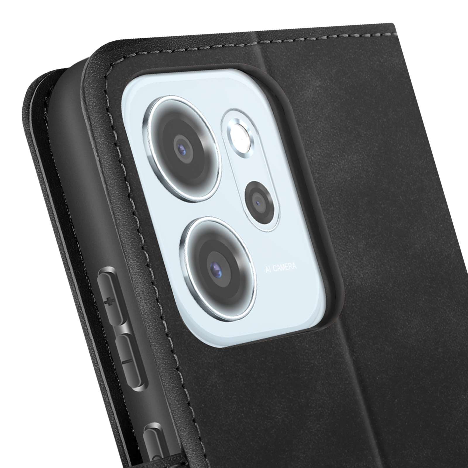 Primo piano di una custodia nera per telefono con modulo fotocamera. La custodia ha un design in pelle cucita.