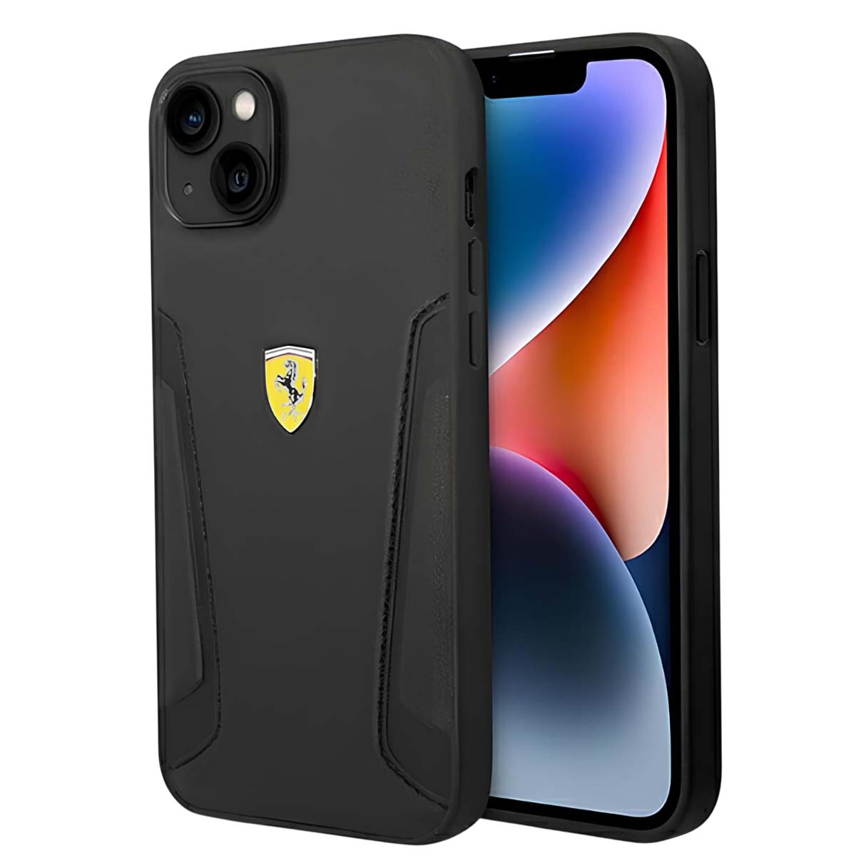 iPhone nero in custodia nera con logo Ferrari. Lo schermo mostra grafica colorata. La custodia ha un design strutturato.