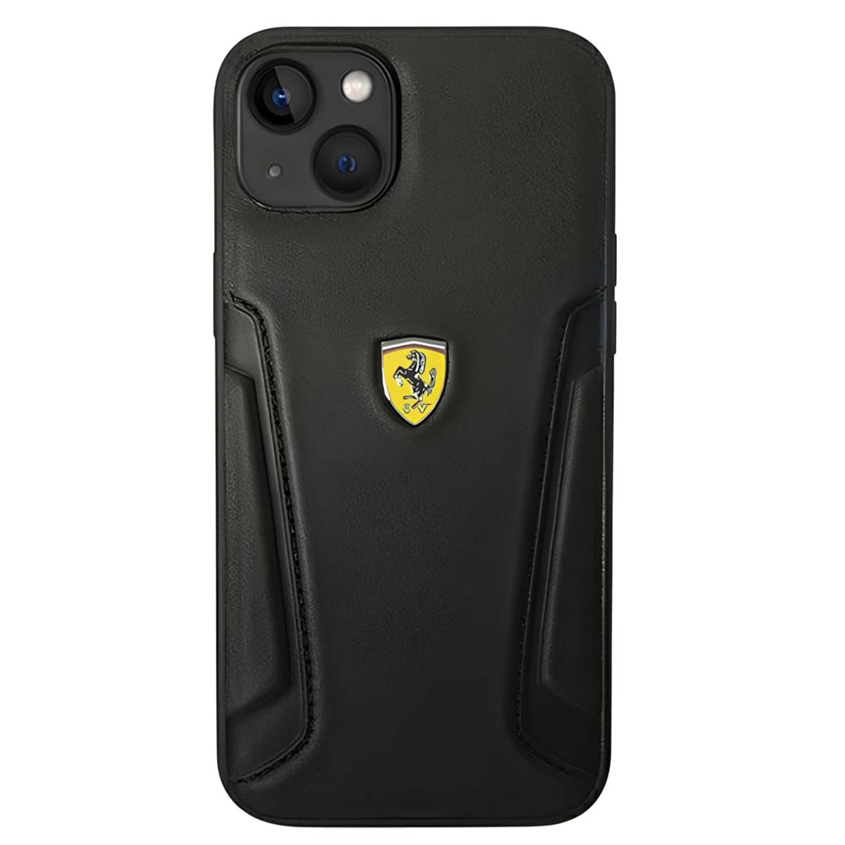 Custodia per telefono nera con logo Ferrari. Ha un ritaglio per la fotocamera ed elementi di design strutturati.