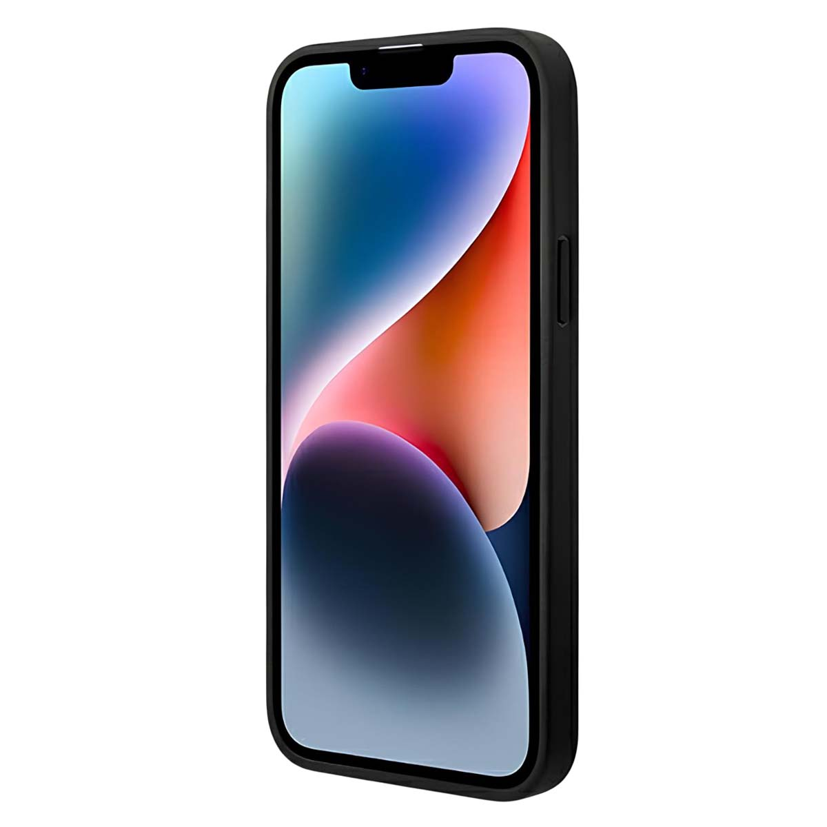Un iPhone nero con display colorato, che mostra tonalità blu, rosse e viola. Il telefono è in una custodia nera, leggermente angolato.