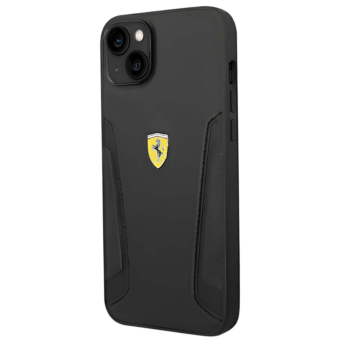 Custodia nera per iPhone con logo Ferrari. Presenta doppia fotocamera e pulsanti laterali. Il logo è uno scudo giallo con un cavallo nero.