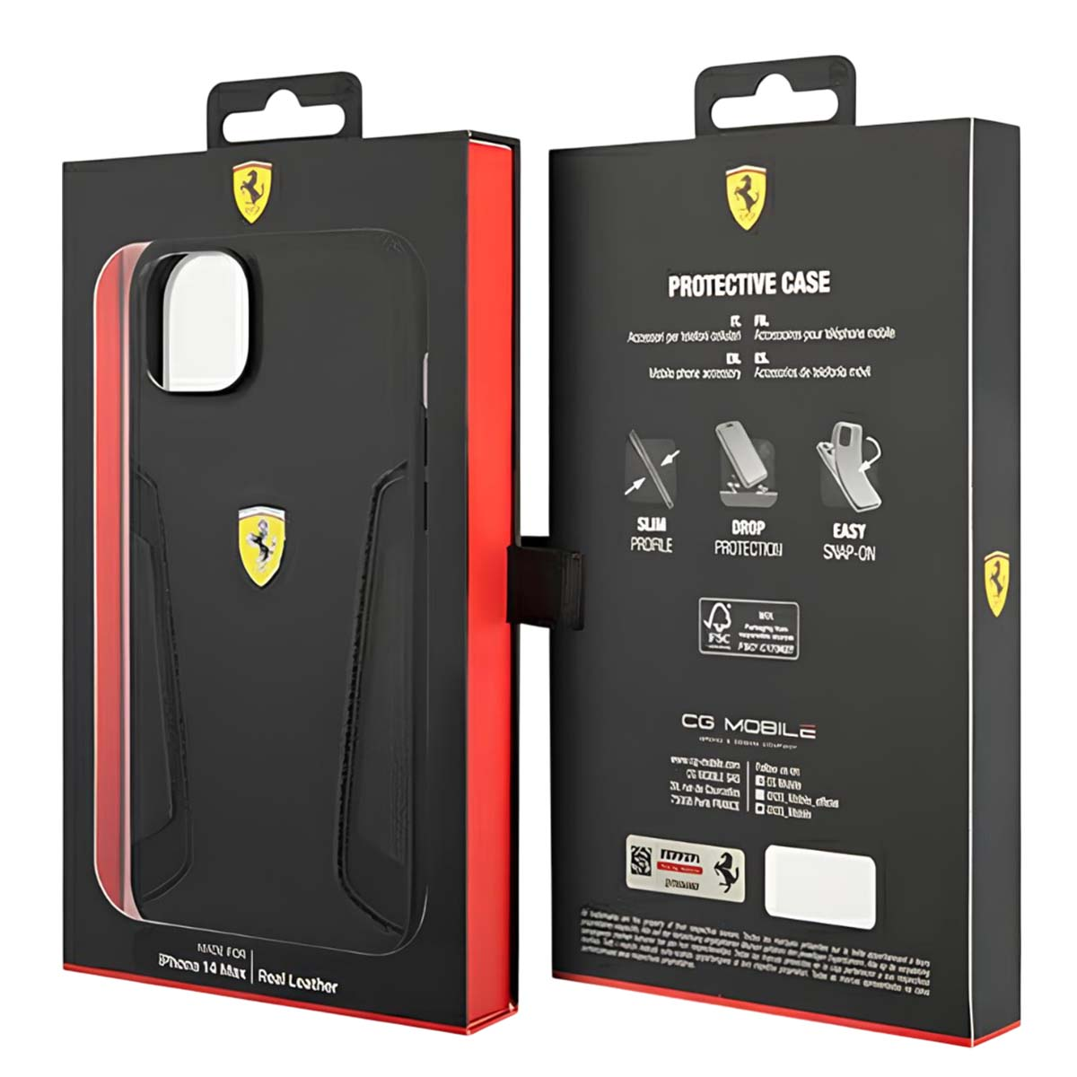 Una scatola per custodia del telefono con custodia nera e interno rosso. Il testo dice 'Protective Case' e presenta il logo Ferrari.