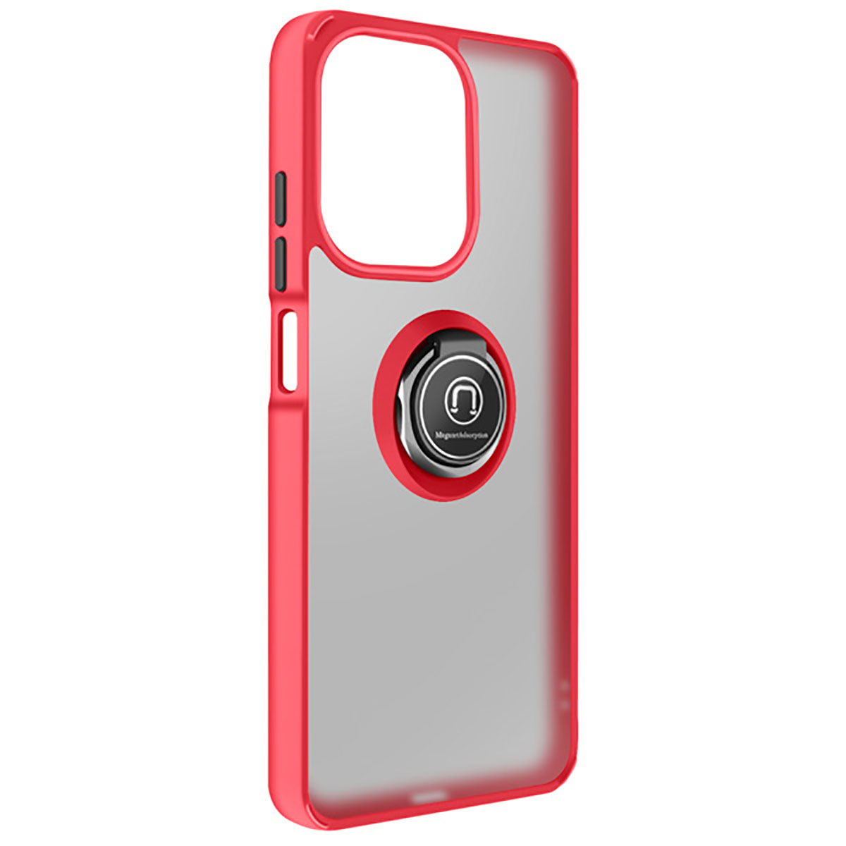 Une coque de téléphone rouge avec un dos transparent et un porte-anneau. Le support est argenté et noir, avec un 'U' blanc.