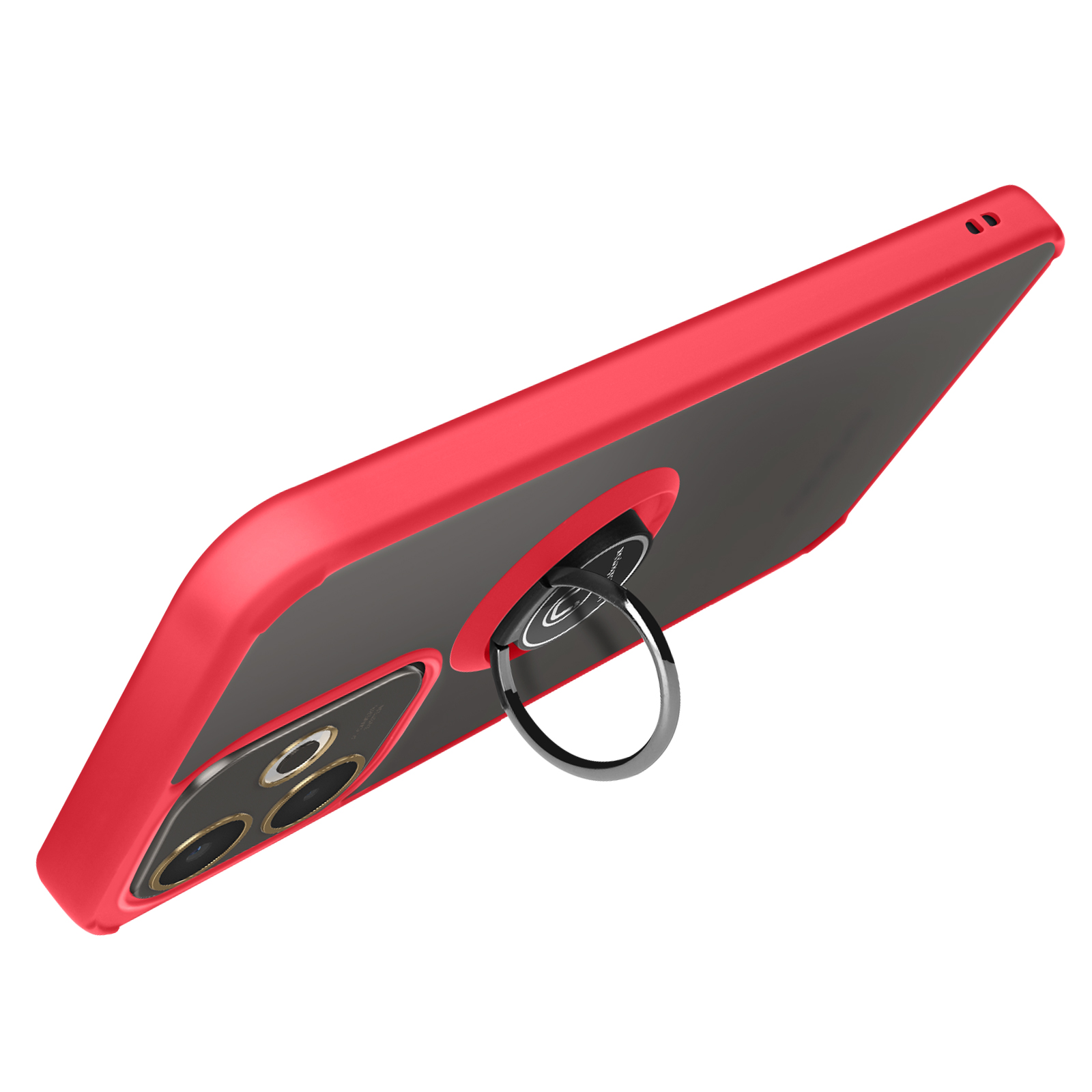 Coque de téléphone rouge avec anneau de maintien argenté. La coque a un dos noir et une découpe pour l'appareil photo. Fond blanc.