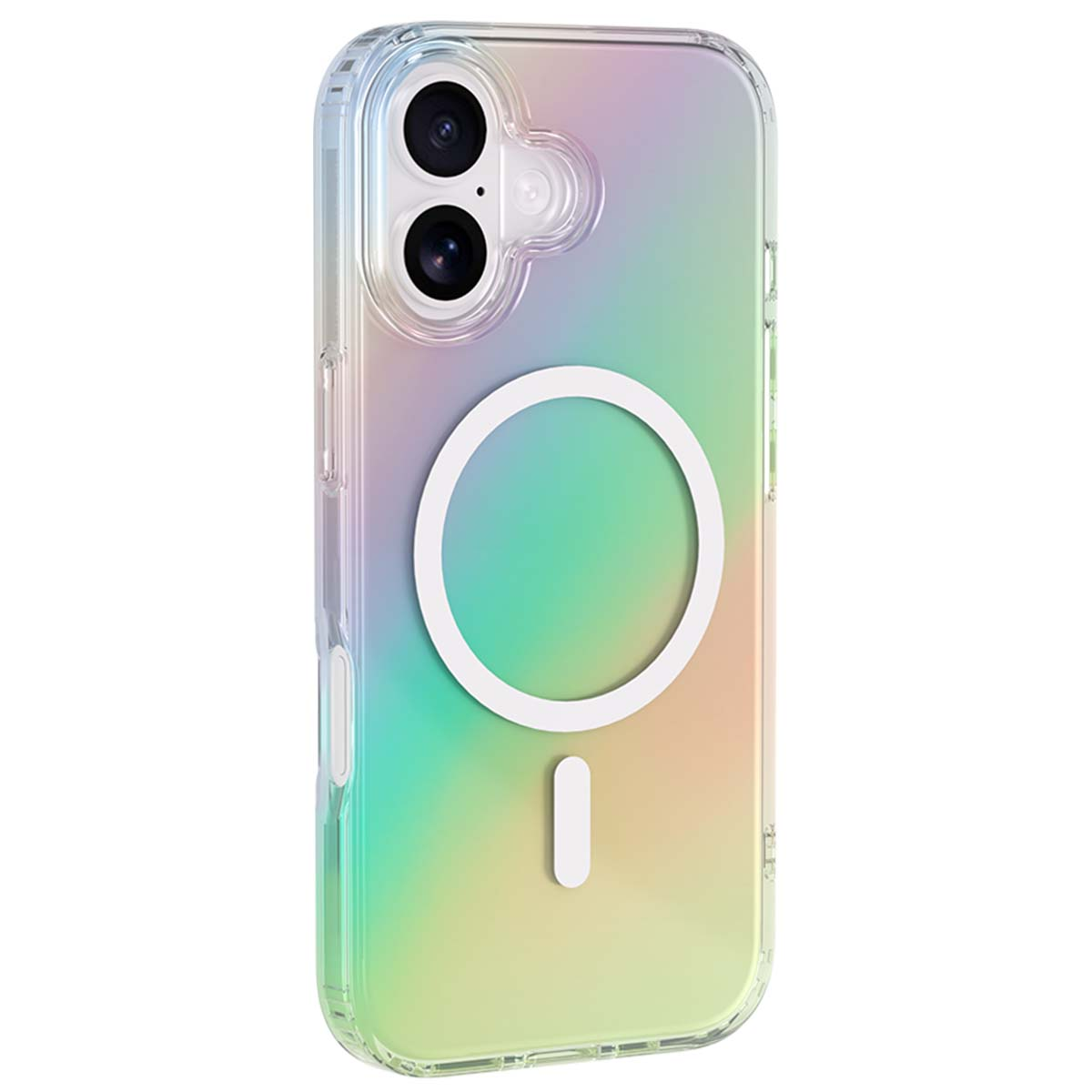 Una custodia trasparente per iPhone con una colorata sfumatura arcobaleno. Ha un cerchio e una linea bianchi sul retro.