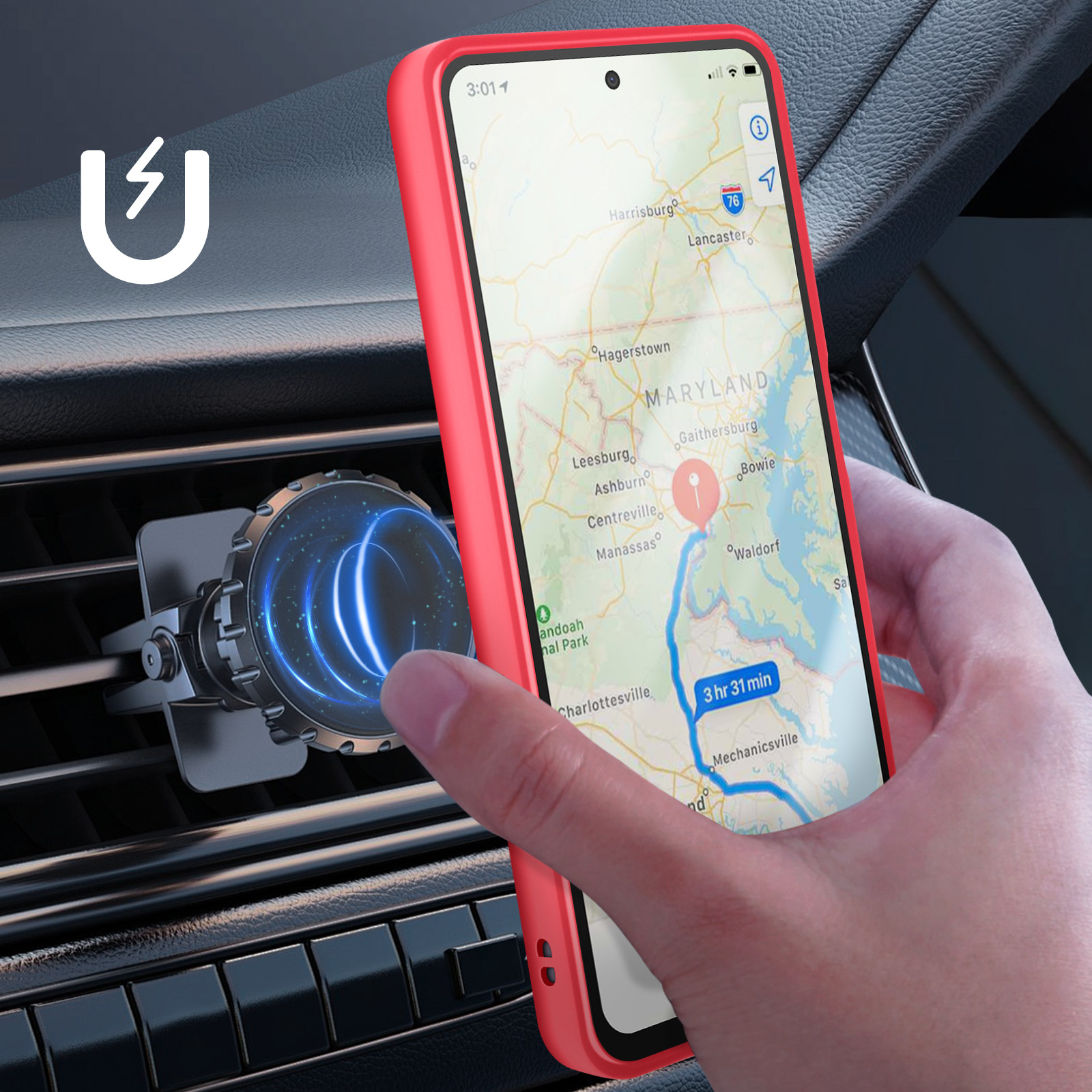 Un téléphone dans un étui rouge affiche une carte avec un itinéraire. Le téléphone est monté dans une voiture, près d'une bouche d'aération.