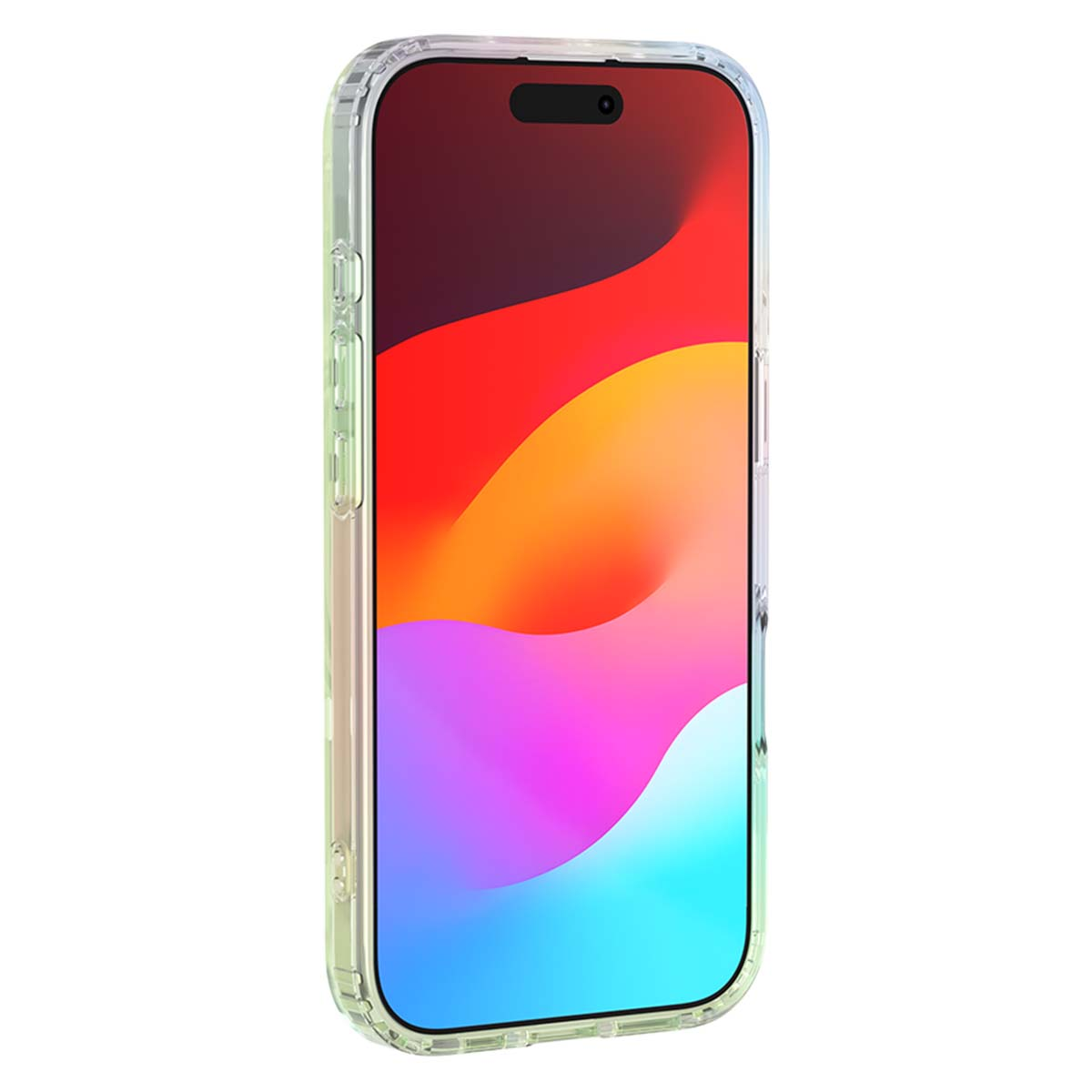 Uno smartphone in una custodia trasparente. Lo schermo mostra una sfumatura astratta colorata. La custodia ha i pulsanti del volume.