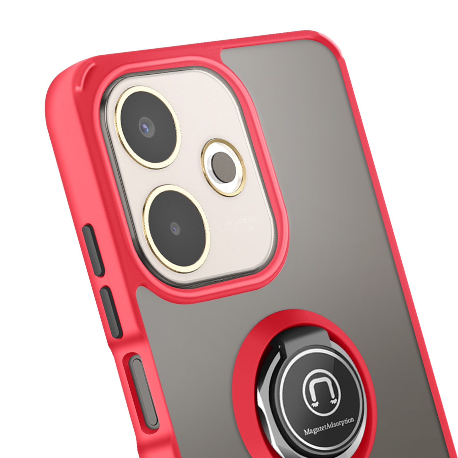 Coque de téléphone rouge avec détails de caméra. Un support de bague est attaché. Le fond est une surface grise.