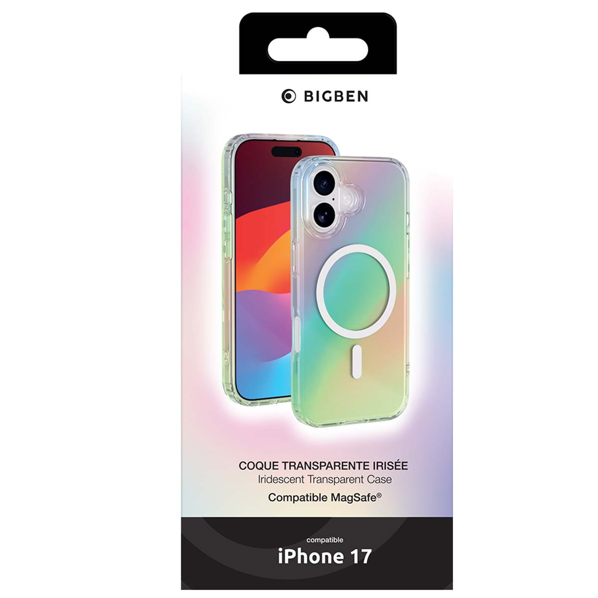 Confezione del prodotto con custodia per iPhone 17. La custodia è trasparente e iridescente. Il marchio è Bigben.