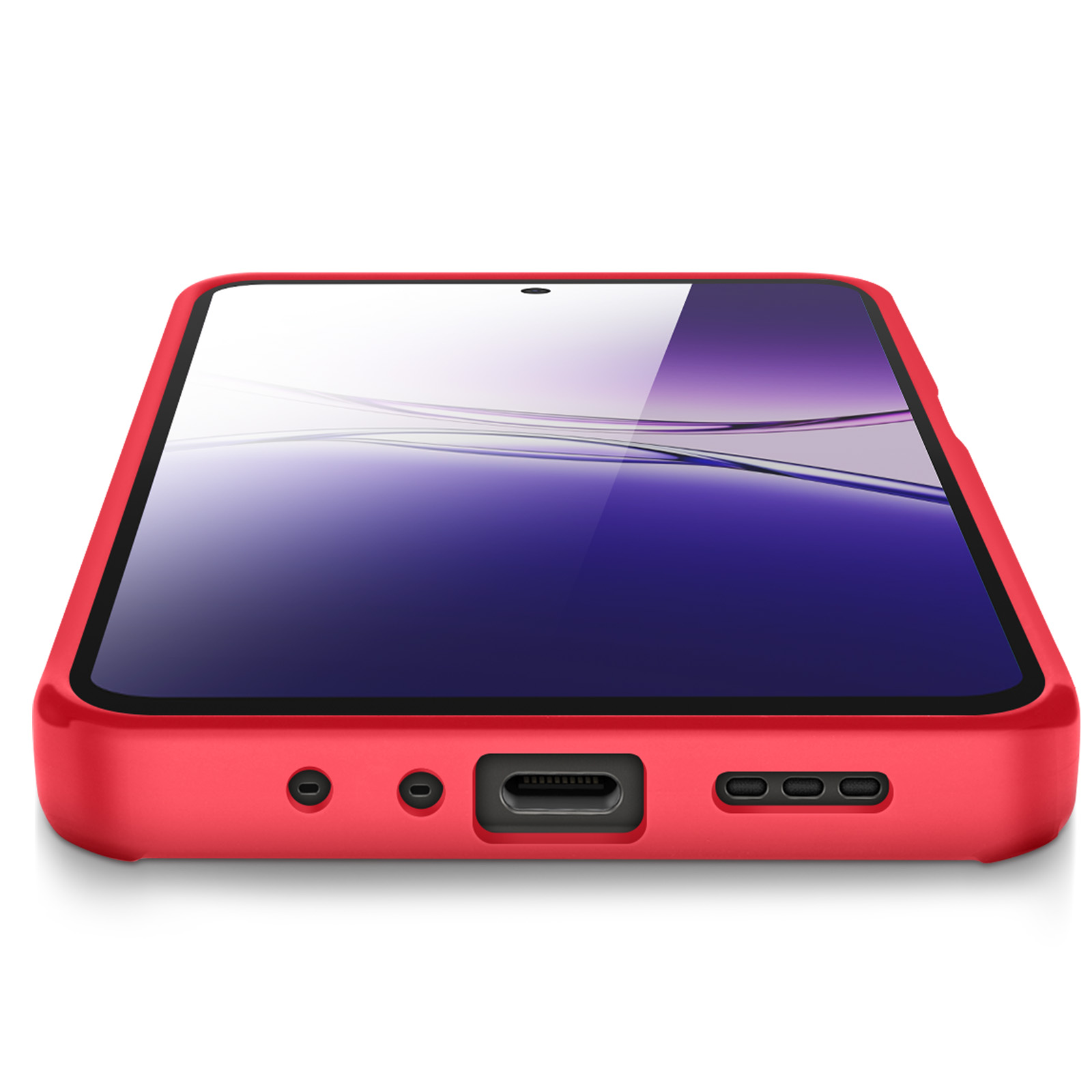 Un étui de téléphone rouge avec un écran montrant un dégradé violet. Ports visibles sur le bord inférieur.