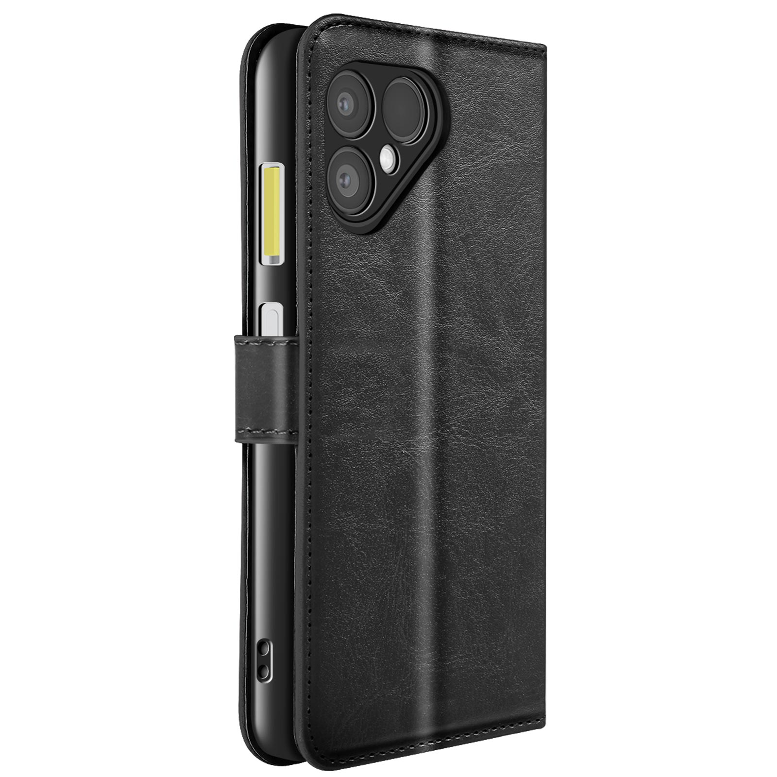 Zwarte telefoonhoes met portemonnee-ontwerp. Een telefoon links, hoes rechts. Drie cameralenzen.