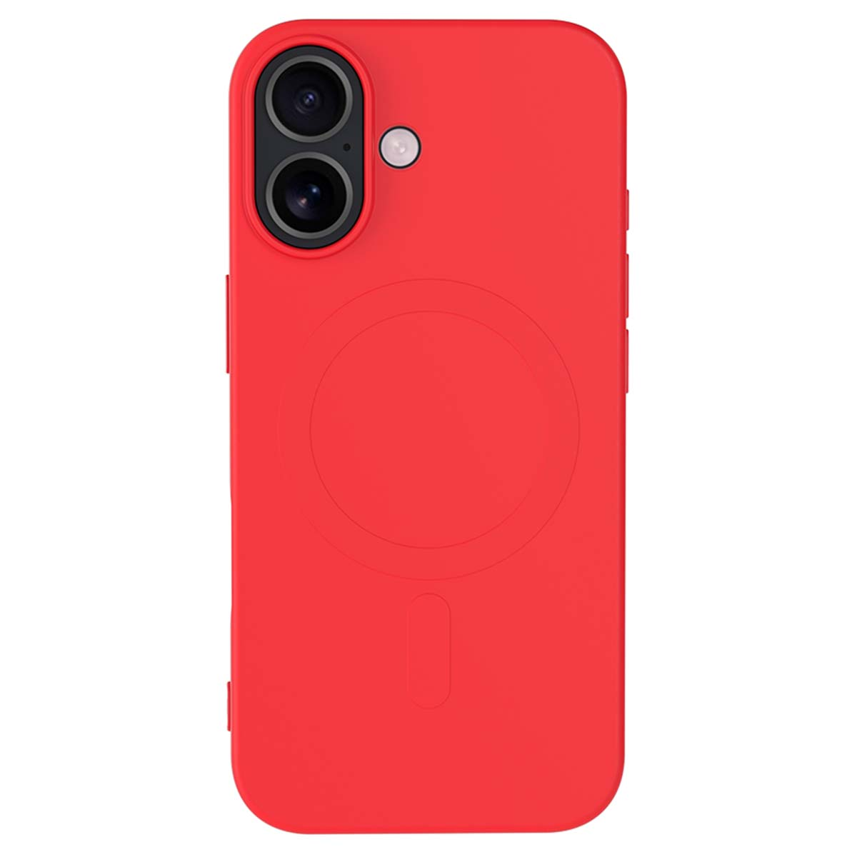 Una custodia rossa per telefono con configurazione a doppia lente in alto, un'indentazione circolare e una fessura verticale in basso.