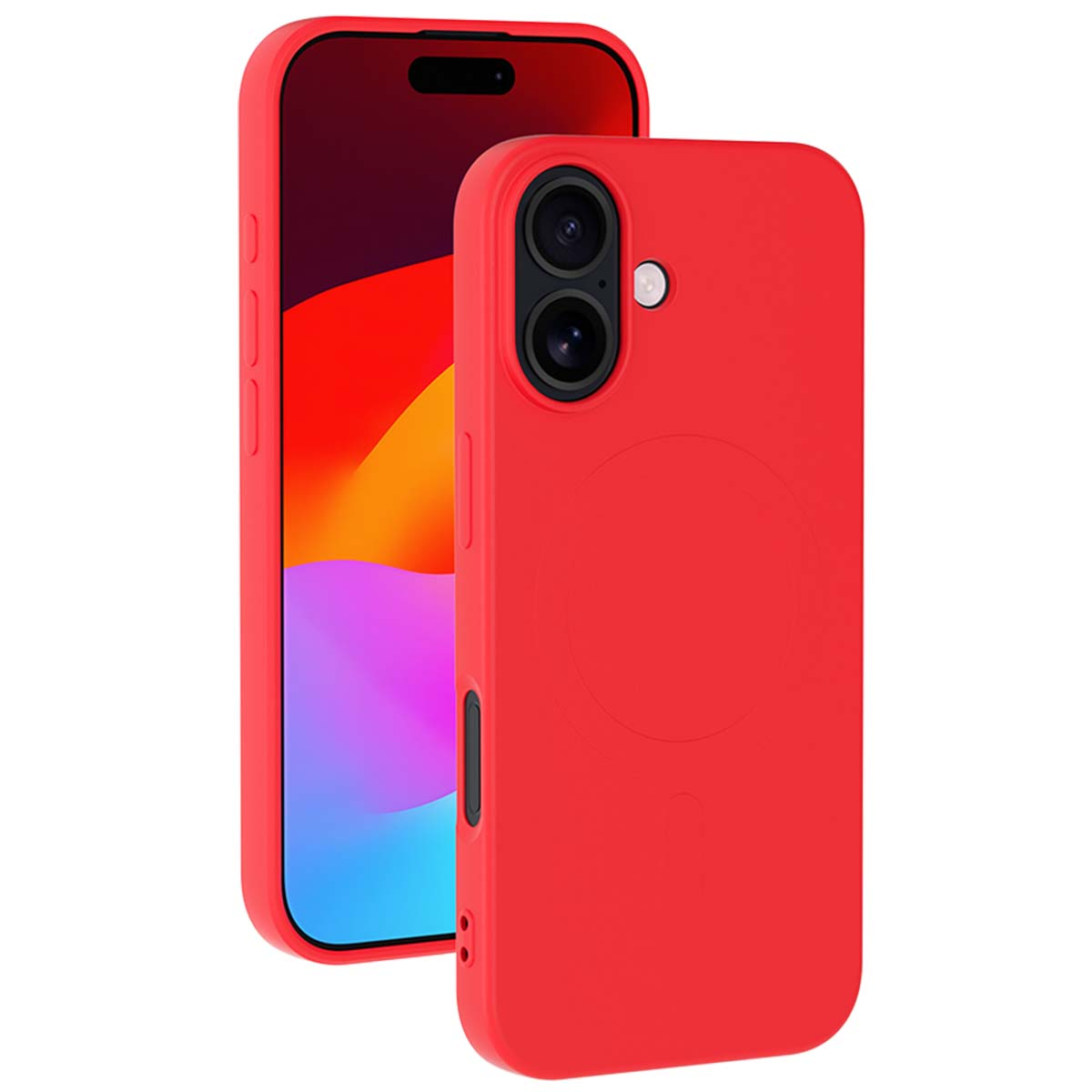 Due custodie rosse per telefono, una con il telefono all'interno. Il telefono mostra uno sfondo colorato. Le custodie hanno fori per la fotocamera.
