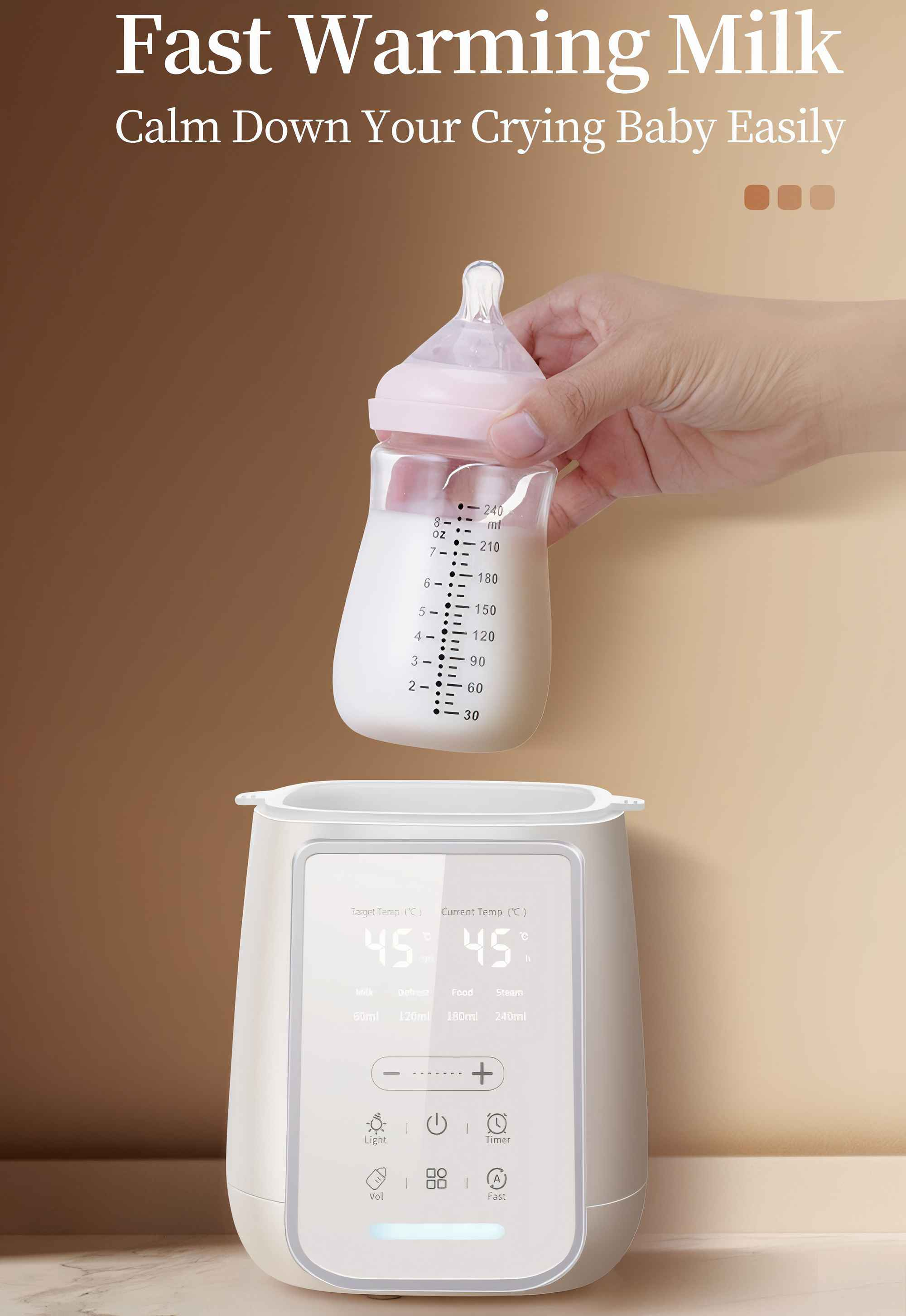 Eine Hand hält eine Babyflasche mit Milch über einem weißen Milchwärmer mit digitaler Anzeige.