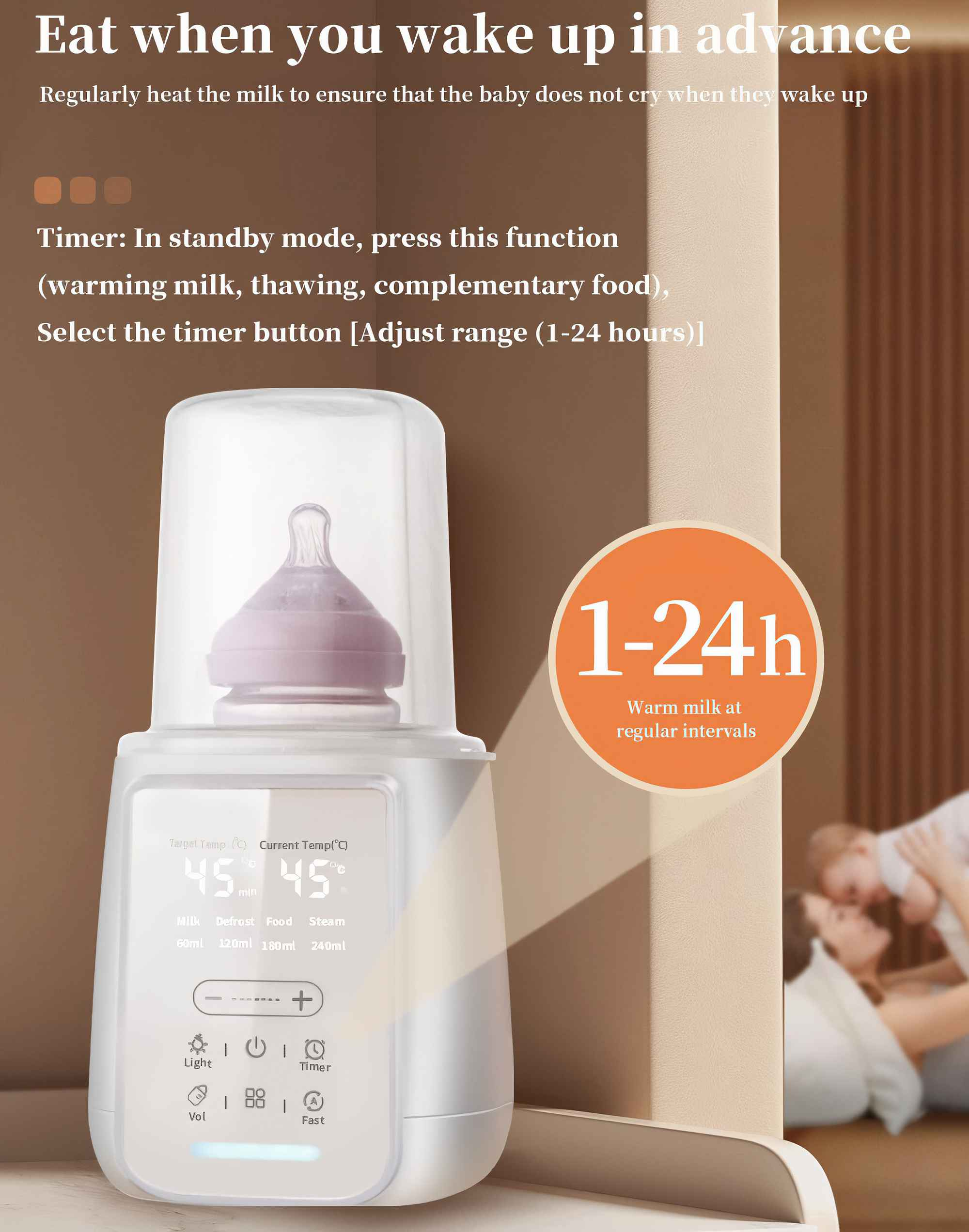 Ein weißer Babyflaschenwärmer mit Flasche, Digitalanzeige und Timerfunktion. Oranger Kreis mit Text.