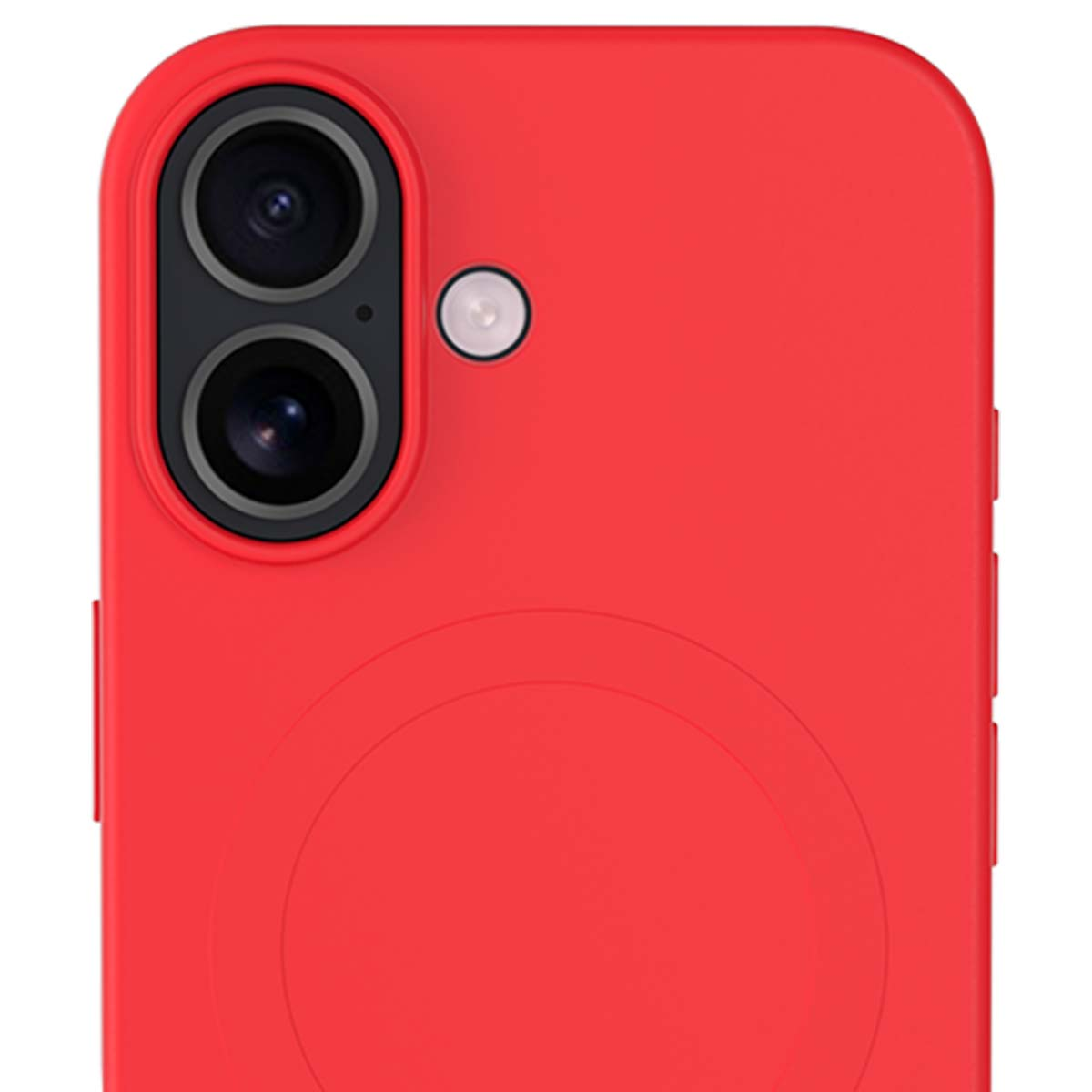 Primo piano di una custodia rossa per telefono con due obiettivi e un flash. La custodia ha un design circolare sul retro.