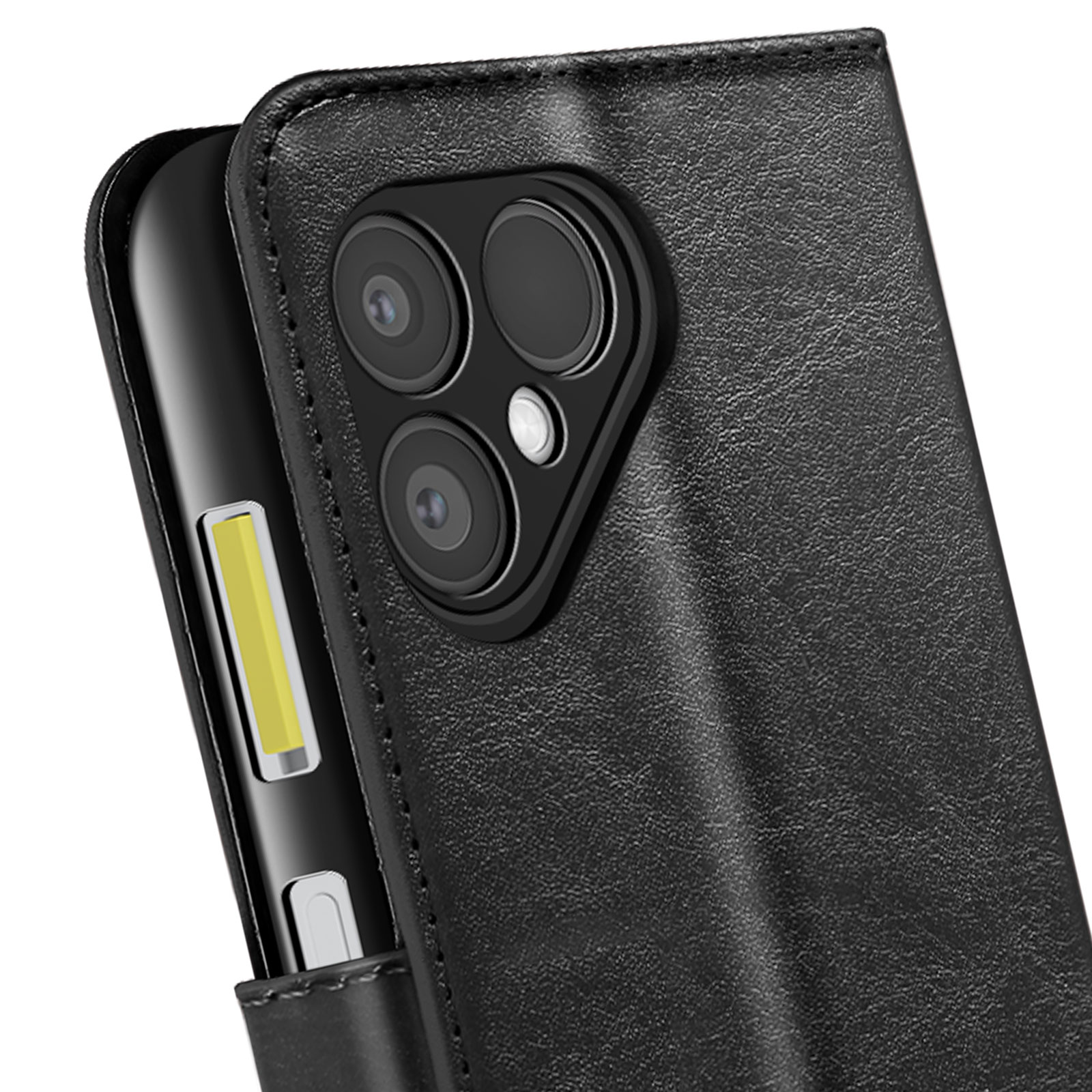 Zwarte telefoonhoes met meerdere cameralenzen en een flitser. De telefoon zit in de hoes.