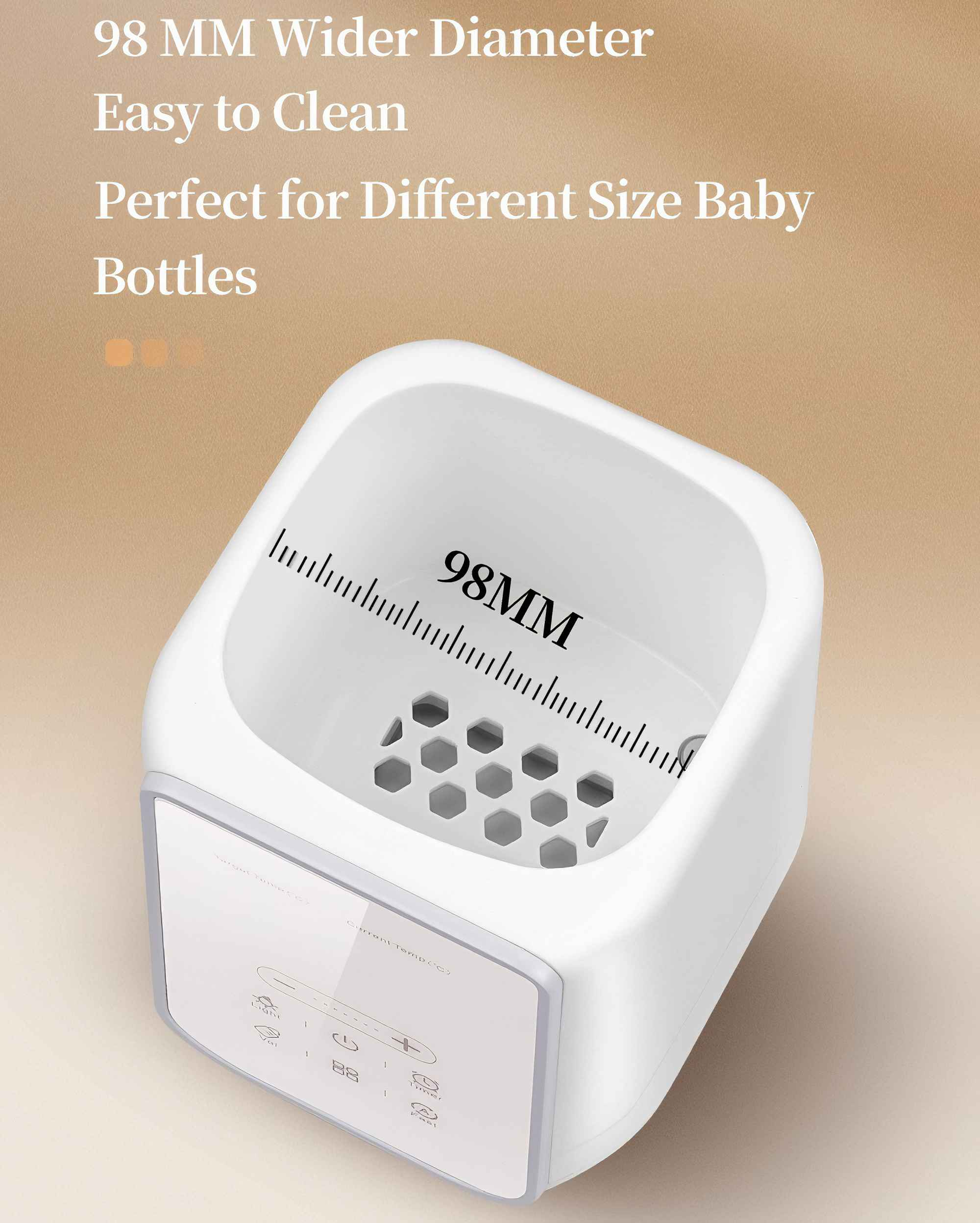 Weißer Babyflaschenwärmer mit 98 mm Durchmesser. Er hat ein Digitaldisplay und Knöpfe. Der Hintergrund ist beige.