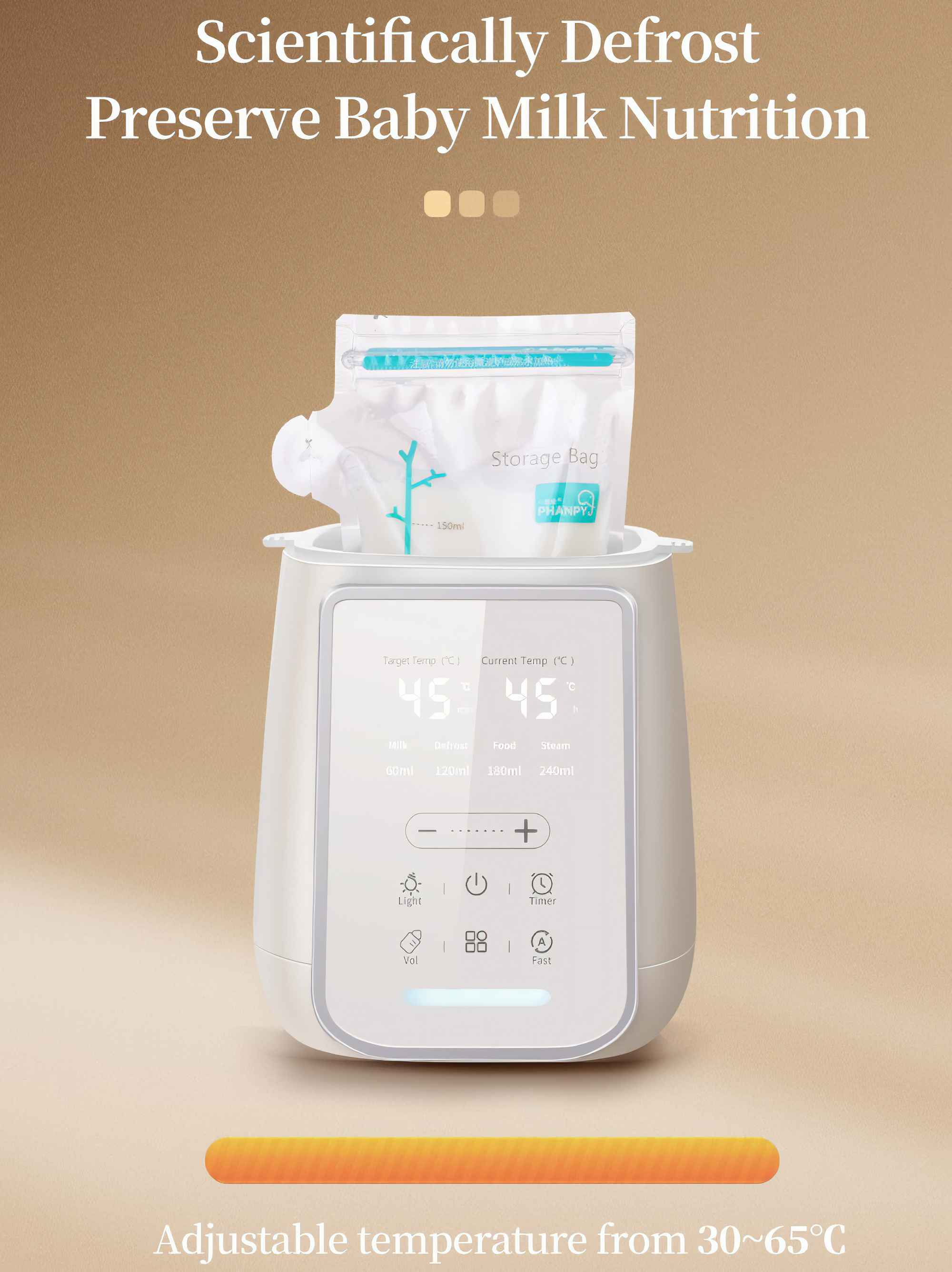 Ein Baby-Milchwärmer mit einem Milchbeutel. Er hat ein digitales Display und Knöpfe. Der Hintergrund ist beige.