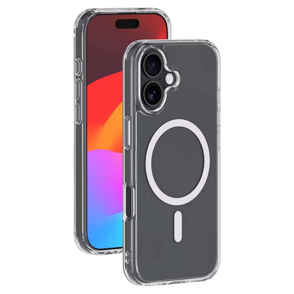 Due telefoni, uno con schermo rosso e uno con custodia trasparente. La custodia ha un cerchio bianco con una linea orizzontale.