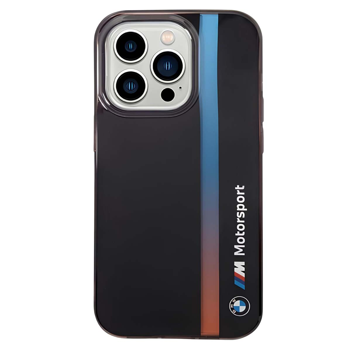 Custodia nera per telefono con ritagli per fotocamera e una striscia verticale blu e arancione. 'M Motorsport' e logo BMW.