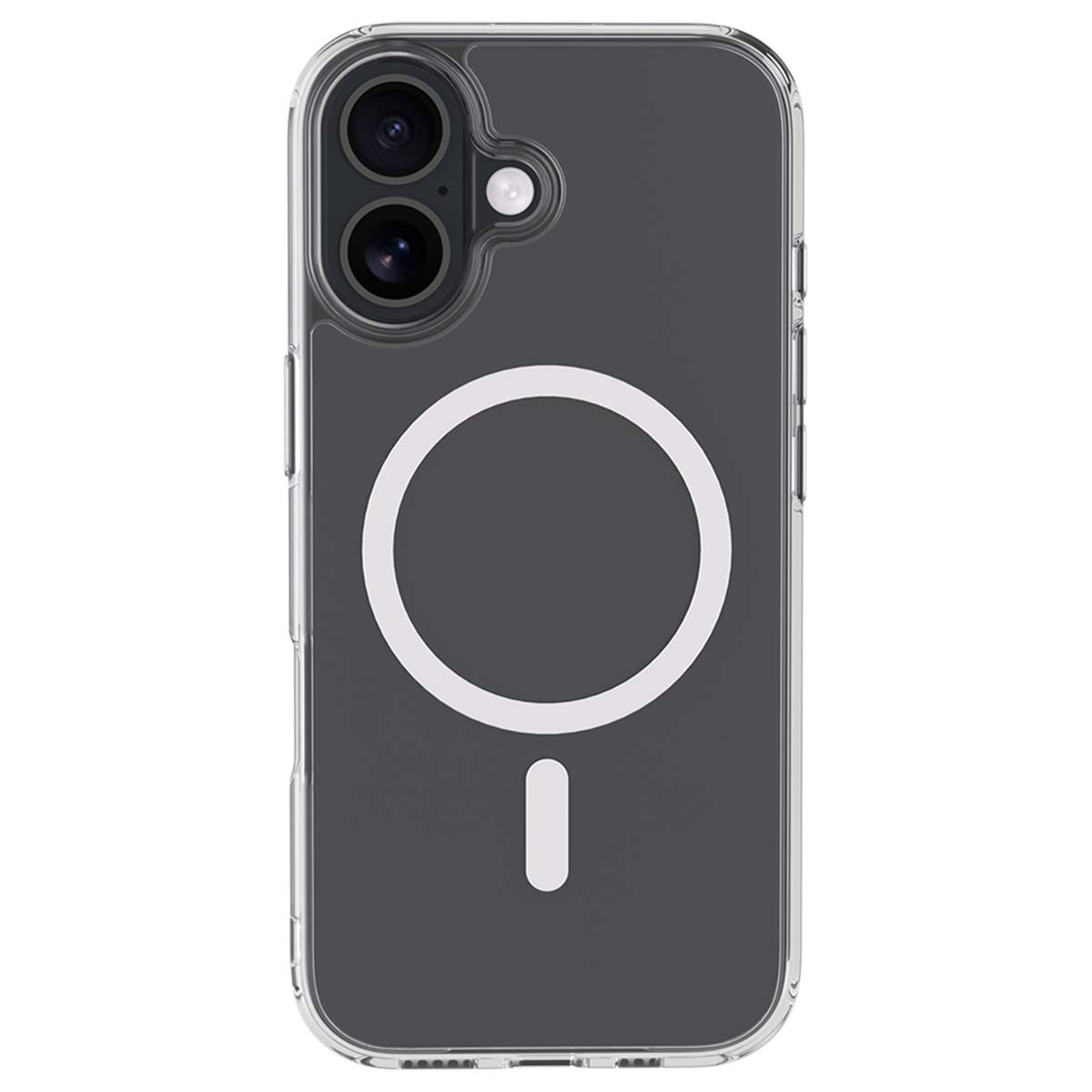Una custodia trasparente per iPhone con un cerchio magnetico bianco e una linea sotto. Il telefono ha due obiettivi.