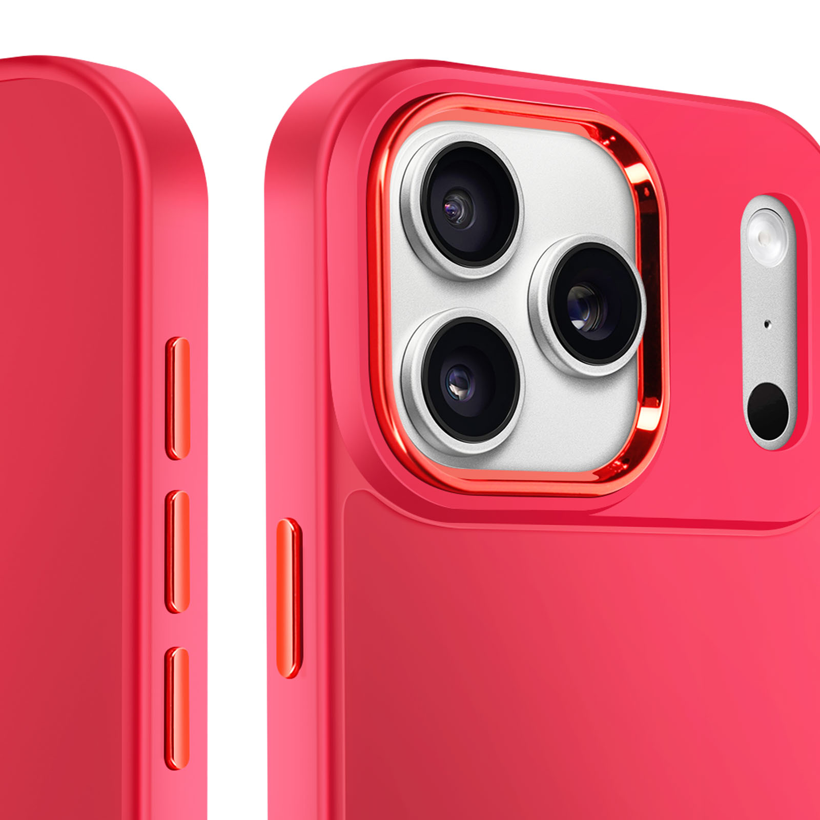 Primo piano di una custodia rosa per telefono con tre obiettivi, un flash e pulsanti laterali. La custodia ha un bordo metallico.