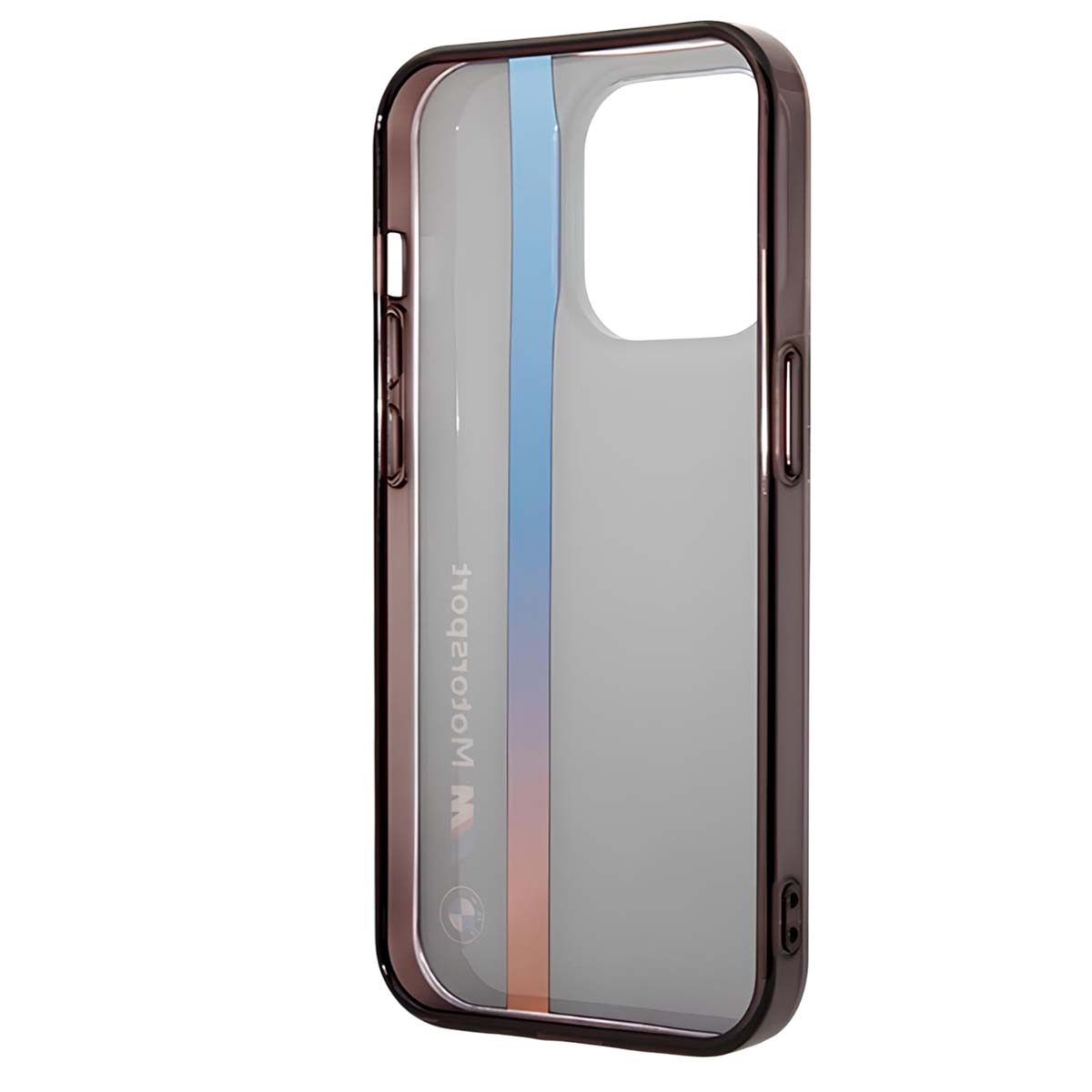Una custodia trasparente per telefono con retro sfumato grigio. Ha una striscia verticale in blu, azzurro e rosso. Il logo BMW è visibile.