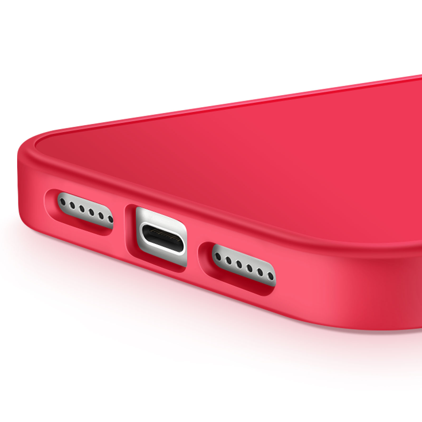 Primo piano di una custodia rossa per telefono con porta di ricarica e fori per altoparlanti, su sfondo bianco.