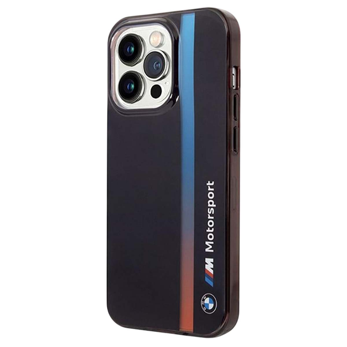 Custodia nera per iPhone con marchio BMW Motorsport. Ha strisce blu, arancioni e una sezione fotocamera trasparente.