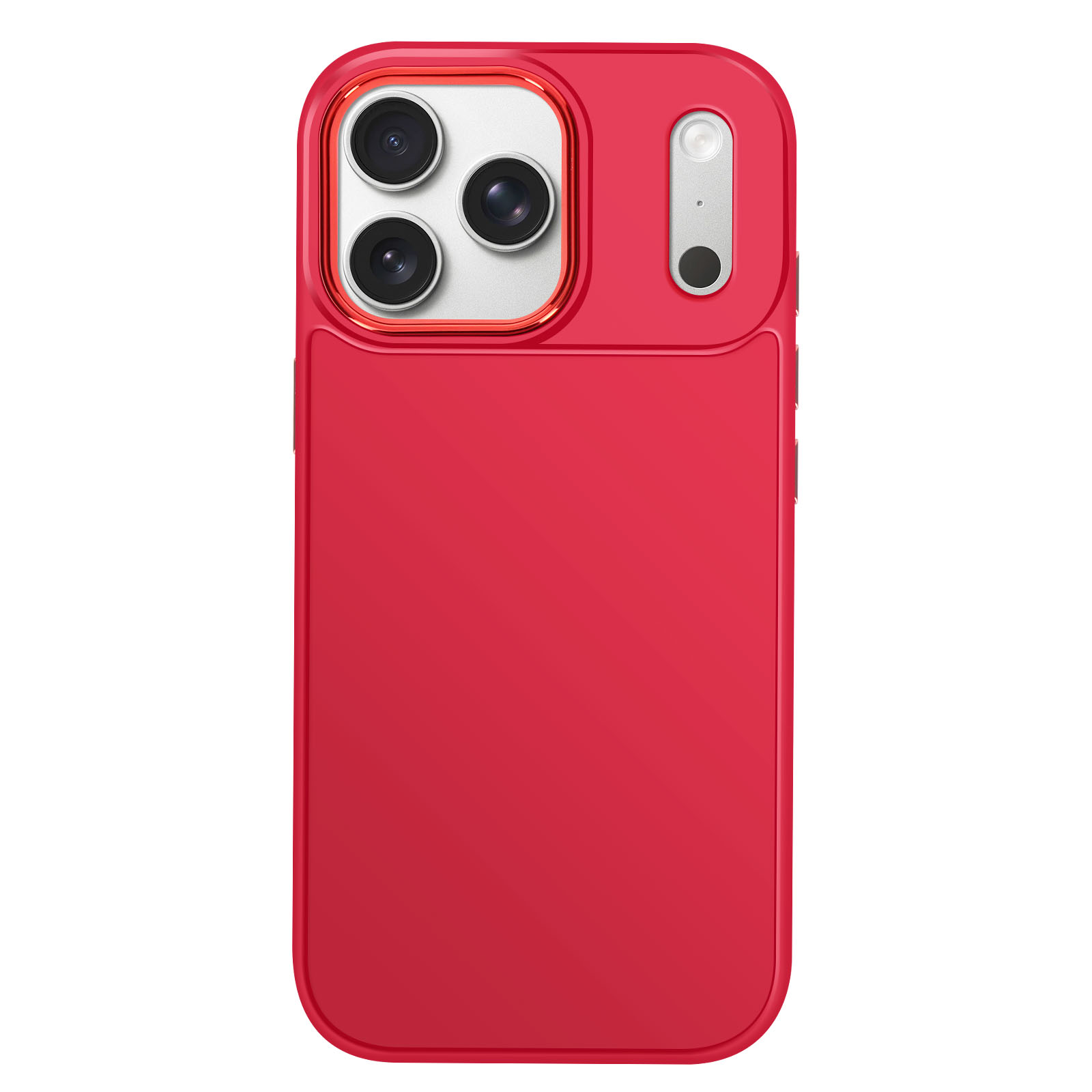 Una custodia rossa per telefono con fori per la fotocamera. Tre lenti e un flash.