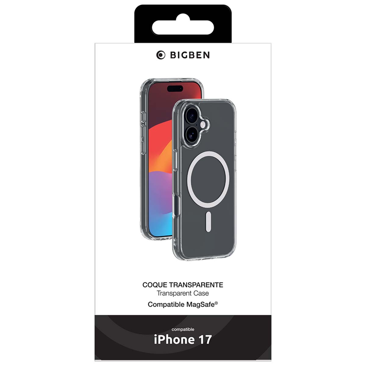 Custodia trasparente per iPhone 17 con compatibilità MagSafe, esposta sulla confezione. La custodia è trasparente, mostrando il design del telefono.