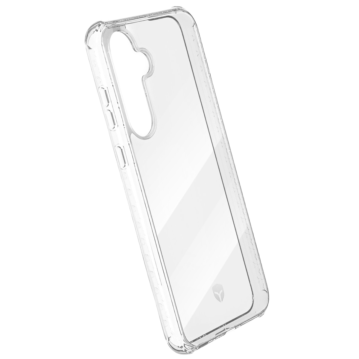 Una custodia trasparente per telefono, angolata diagonalmente. Ha ritagli per fotocamera e pulsanti e un logo.