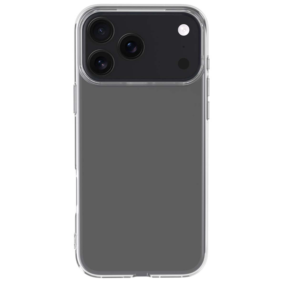 Una custodia trasparente protegge un iPhone grigio. Le lenti della fotocamera sono visibili con un flash. Il telefono è centrato su sfondo bianco.