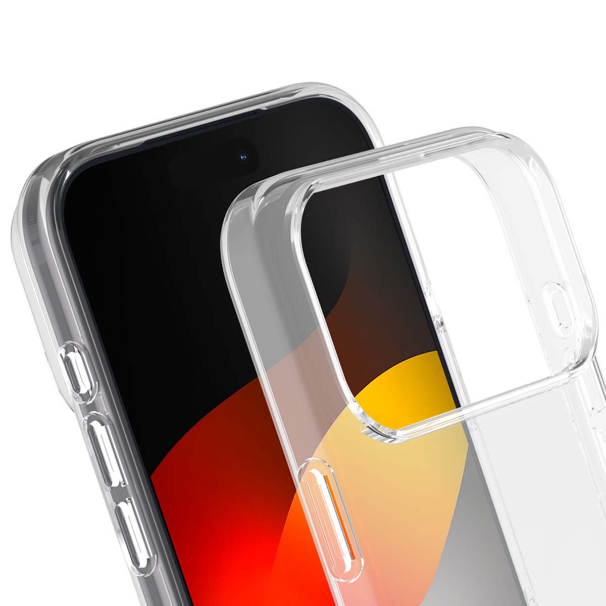 Una custodia trasparente è sopra un telefono nero. Lo schermo mostra colori come giallo, arancione e grigio.
