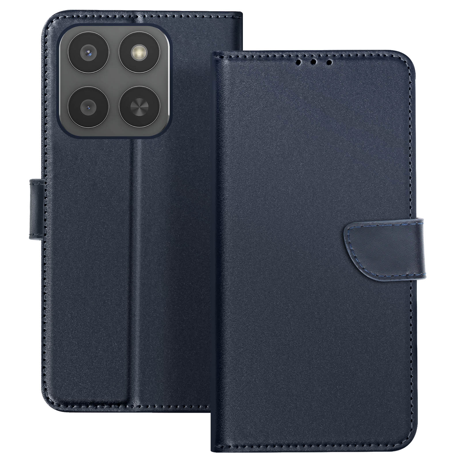 Custodia blu per telefono con più lenti della fotocamera. Design pieghevole con chiusura magnetica. Cuciture sui bordi.