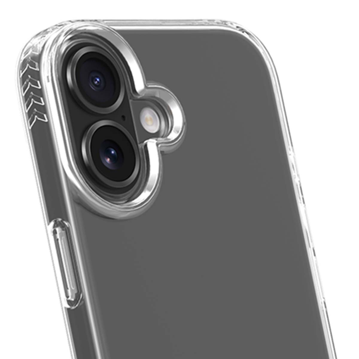 Primo piano di una custodia trasparente per telefono con lenti della fotocamera. La custodia è trasparente e il retro del telefono è grigio.