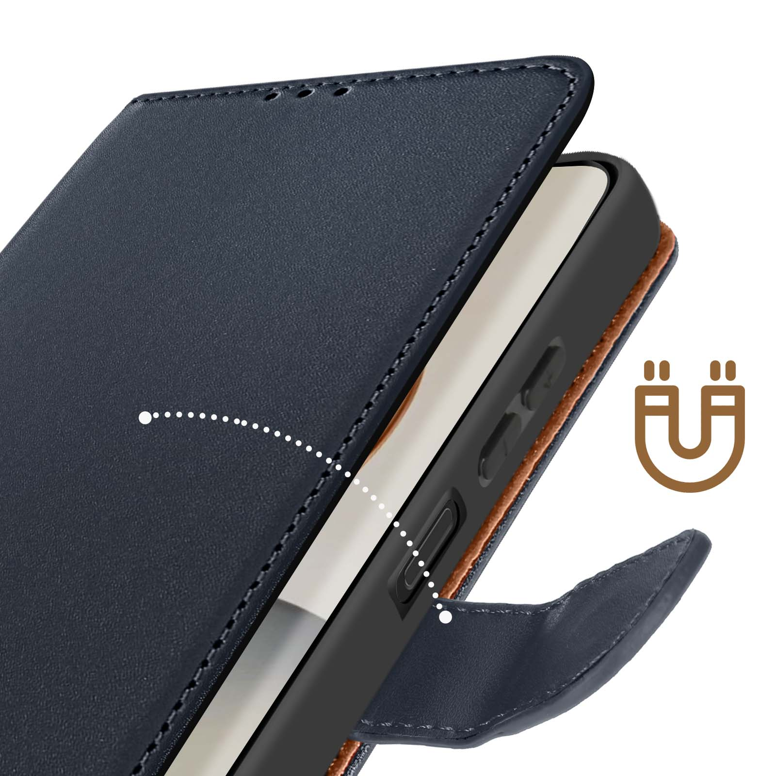 Custodia per telefono blu scuro aperta, che mostra un telefono nero. Simbolo magnetico presente. Custodia con rivestimento e cuciture marroni.