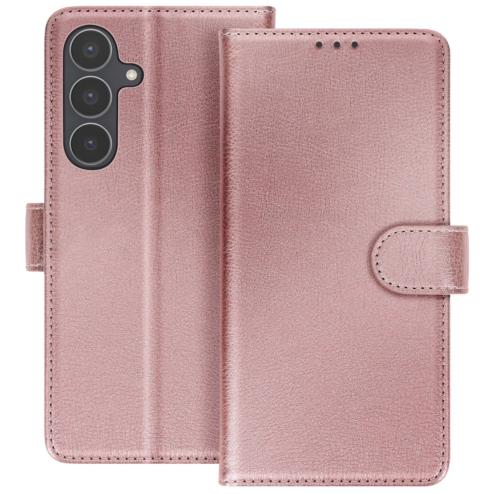 Custodia per telefono in pelle rosa, aperta. Presenta una fotocamera del telefono e una chiusura magnetica. Sfondo bianco.