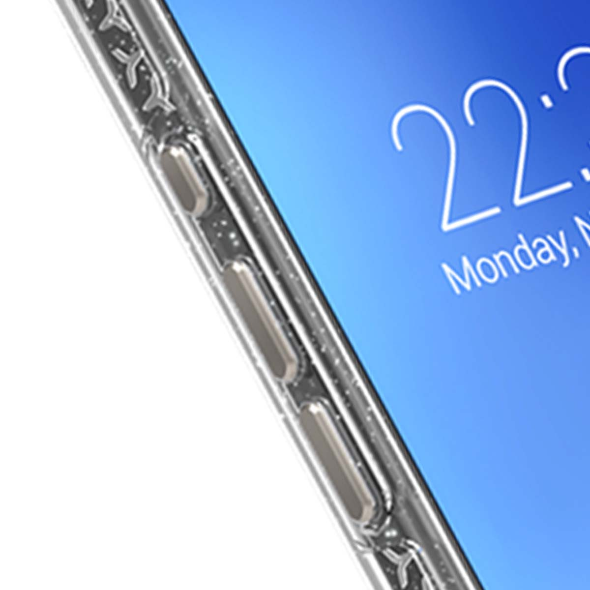 Primo piano dello schermo di un telefono che mostra l'ora, con una custodia trasparente. L'ora è 22:2, lunedì, in bianco.