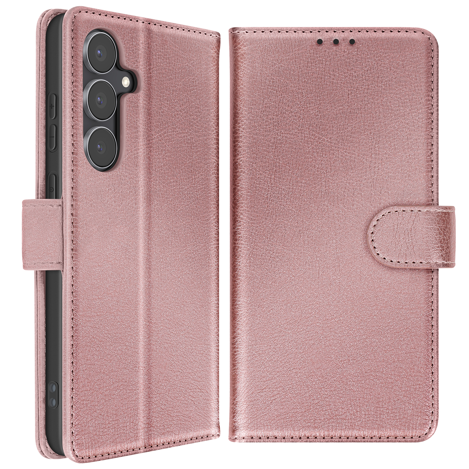 Una custodia per telefono oro rosa, aperta, che mostra un telefono con tre fotocamere. La custodia ha una chiusura magnetica.